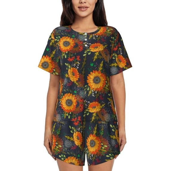 Naloa Sunflowers Women's Short-Sleeved Pajama Set, Loungewear, Summer pajamas, Breathable Cozy - 3X-Large