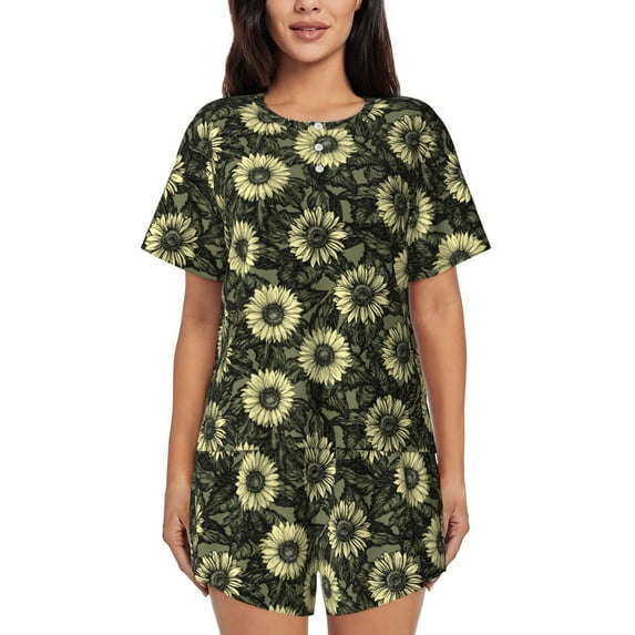 Naloa Sunflowers Women's Short-Sleeved Pajama Set, Loungewear, Summer pajamas, Breathable Cozy - Large