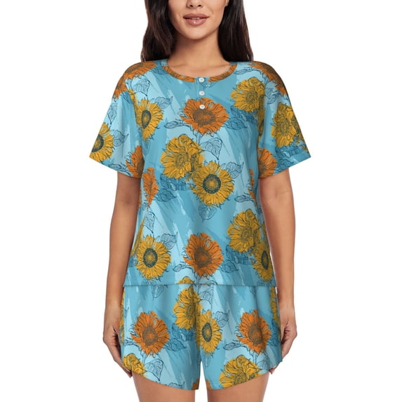 Naloa Sunflowers Women's Short-Sleeved Pajama Set, Loungewear, Summer pajamas, Breathable Cozy - Small