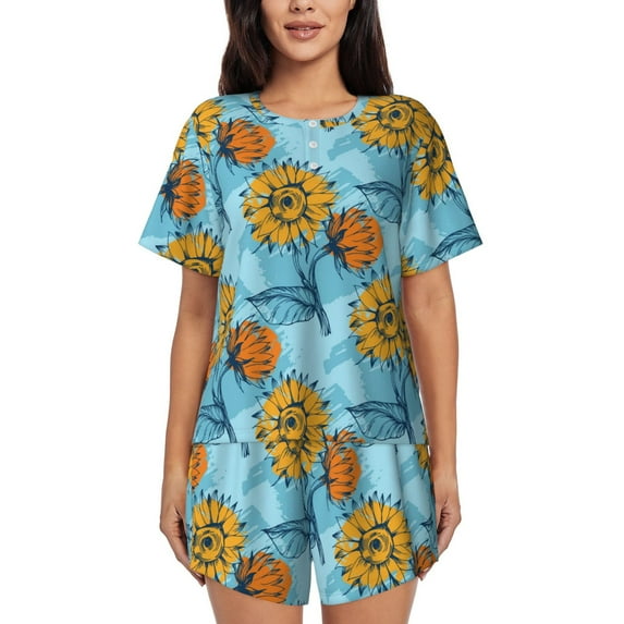 Naloa Sunflowers Women's Short-Sleeved Pajama Set, Loungewear, Summer pajamas, Breathable Cozy - XX-Large