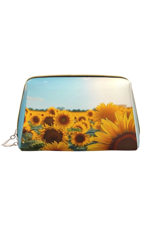 Sunlit Sunflower Field Leather Makeup Bag for Purse Travel, Portable Small Cosmetic Organizer for Women and Girls, Make up Bag with Zipper