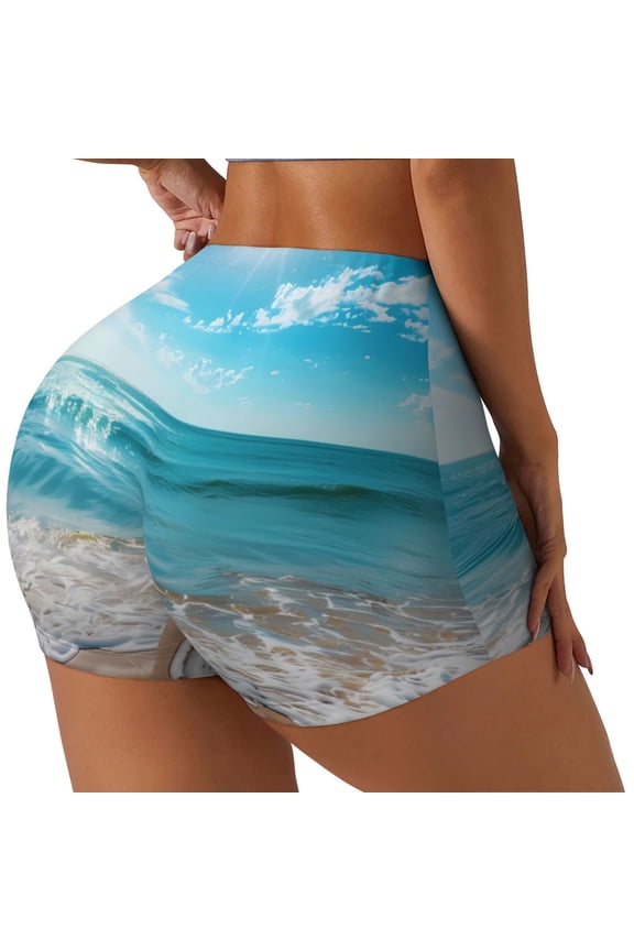 Sunny Ocean Waves Biker Shorts for Women Seamless Scrunch Short Women’s Yoga Shorts for Gym Running Sport Shorts-Large