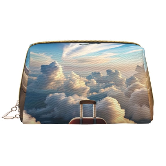 Naloa Sunset Airplane Travel View Leather Makeup Bag for Purse Travel, Portable Small Cosmetic Organizer for Women and Girls, Make up Bag with Zipper