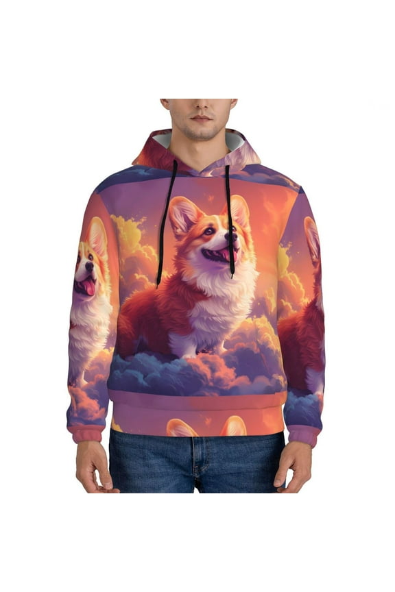 Sunset Cloud Corgi Men's Casual Hooded Collar Drawstring Hoodies Pullover Sweatshirts Casual Long Sleeve Shirts-Large