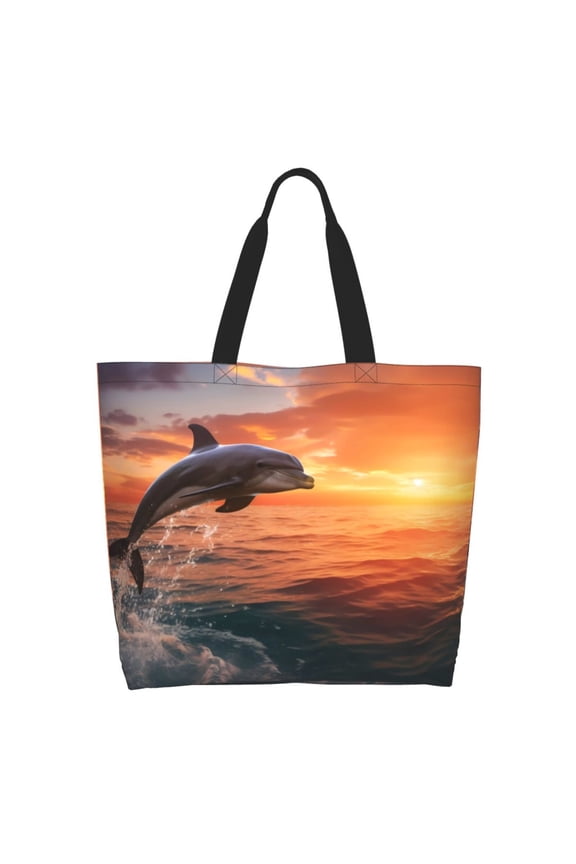 Sunset Dancing Dolphin B Tote Bag for Women Large Capacity Shoulder Bag for College Work Travel Shopping