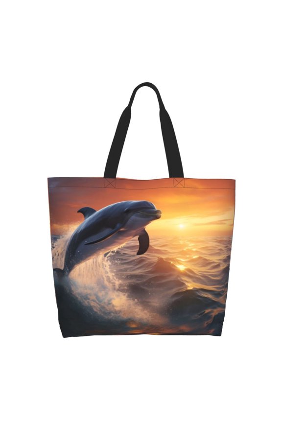 Sunset Dancing Dolphin Tote Bag for Women Large Capacity Shoulder Bag for College Work Travel Shopping