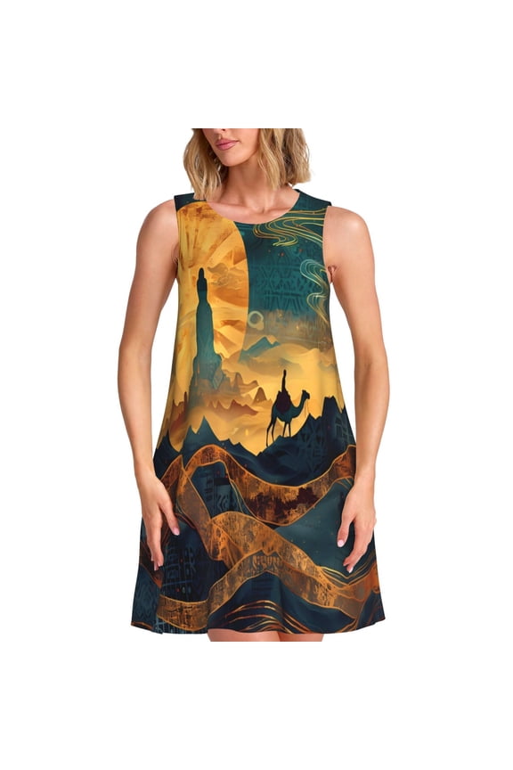 Sunset Desert Journey Print Women's Summer Spring Casual Beach Sundress,Vacation Sleeveless Tank Crewneck Loose Dresses