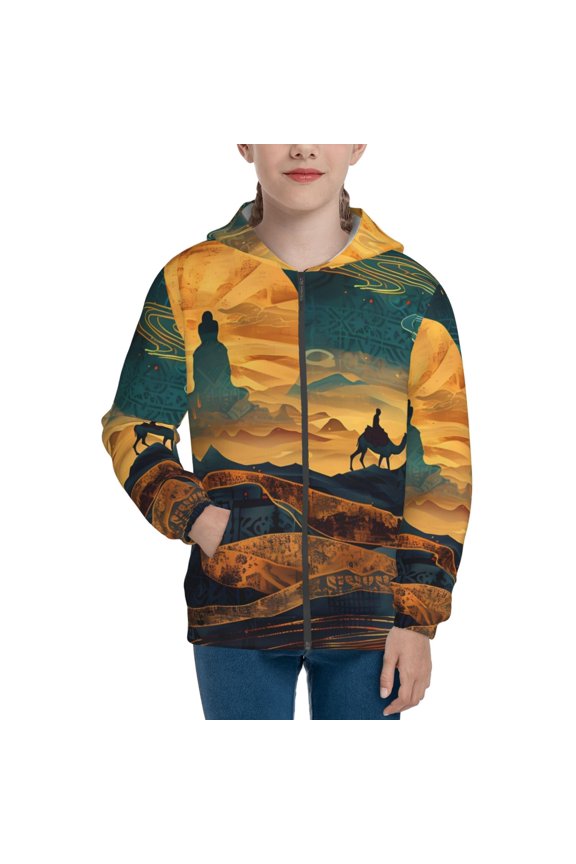 Sunset Desert Journey Teenage Zipper Hoodie, Long Sleeve Zip Up Hoodies Casual Jackets Tops for 7-12 Years-Medium