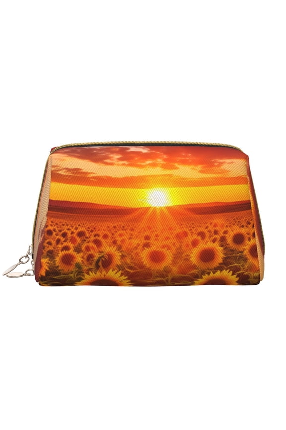 Sunset Golden Sunflower Field Leather Makeup Bag for Purse Travel, Portable Small Cosmetic Organizer for Women and Girls, Make up Bag with Zipper