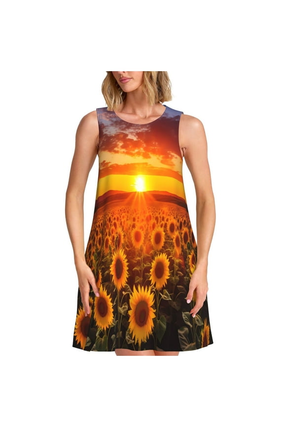 Sunset Golden Sunflower Field Print Women's Summer Spring Casual Beach Sundress,Vacation Sleeveless Tank Crewneck Loose Dresses