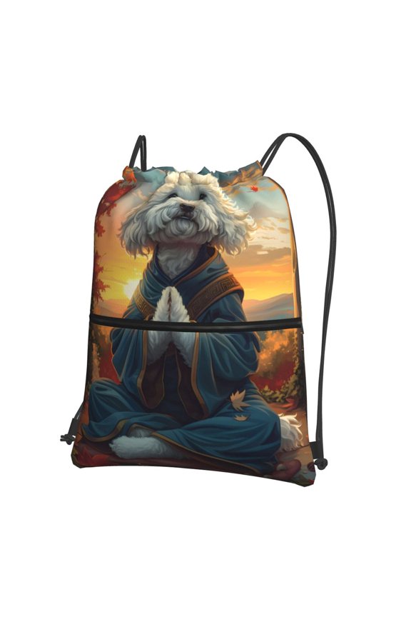Sunset Meditating Bichon Frise Drawstring Backpack String Bag Cinch Water Resistant for Gym Shopping Sport Yoga