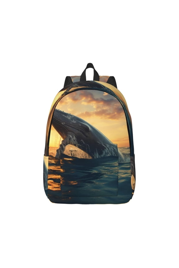 Sunset Ocean Whale Canvas Backpack for Men Women Rucksack Casual Travel Daypack College Tote Satchel Bookbag for Teens-Small
