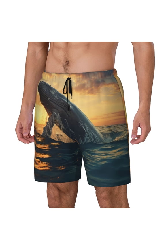Sunset Ocean Whale Print Men Swim Trunks with Compression Liner ,Board Shorts,Men's Swim Shorts with Drawstring and Elastic Waistband-Small
