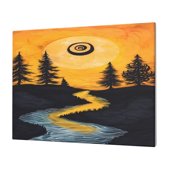 Naloa Sunset River Pine Trees Print Canvas Picture,Wall Pictures, Modern Decorative Poster,Art Prints for Bedroom, Toilet, 40 x 30 cm, Built-in Wooden Frame