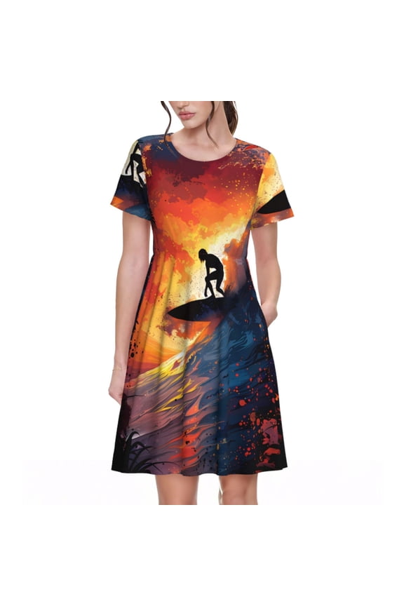Sunset Surfing Silhouette Print Womens Summer A-Line Dress with Pockets,Short Sleeve Dresses,Flowy Beach Swing Dress for Vacation Travel