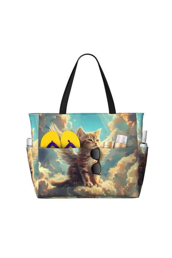 Sunshine Cloud Cute Cat Large Capacity Beach Bag, Waterproof Sandproof Beach Swim Pool Bag Tote Bag for Women