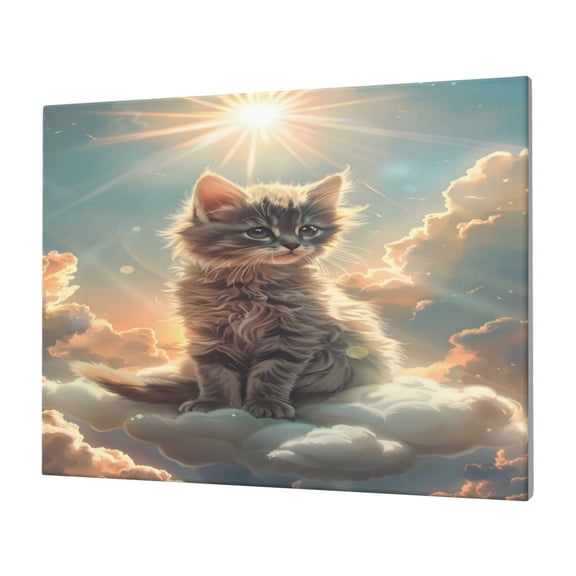 Naloa Sunshine Cloud Kitten Print Canvas Picture,Wall Pictures, Modern Decorative Poster,Art Prints for Bedroom, Toilet, 40 x 30 cm, Built-in Wooden Frame