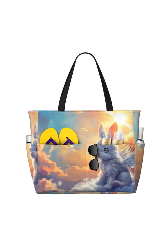 Sunshine Colorful Cloud Rabbit Large Capacity Beach Bag, Waterproof Sandproof Beach Swim Pool Bag Tote Bag for Women