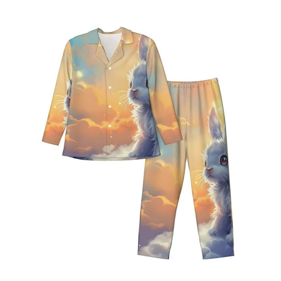 Naloa Sunshine Colorful Cloud Rabbit Men’s Pajamas Set - Long Sleeve Button Down Sleep Shirt and Pajama Bottoms Sleepwear Set-Small