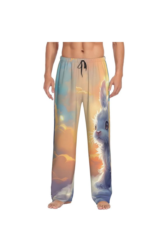 Sunshine Colorful Cloud Rabbit Pajama Pants Men, PJ Bottoms, Sleep & Lounge Pants-Large