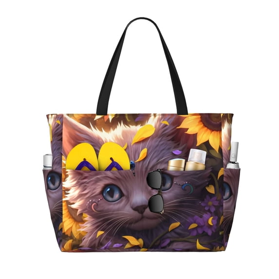 Naloa Sunshine Cute Cat Sunflower Large Capacity Beach Bag, Waterproof Sandproof Beach Swim Pool Bag Tote Bag for Women