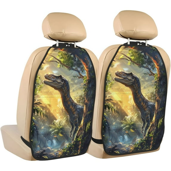 Naloa Sunshine Jungle Dinosaur 2Pcs Anti-Kick Back Seat Cover Kick Mat, Car Seat Protector with 3 Storage Pockets