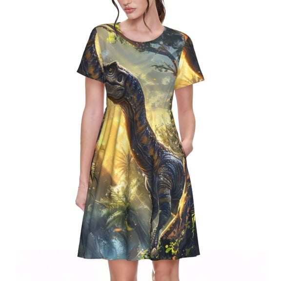 Naloa Sunshine Jungle Dinosaur Print Womens Summer A-Line Dress with Pockets,Short Sleeve Dresses,Flowy Beach Swing Dress for Vacation Travel