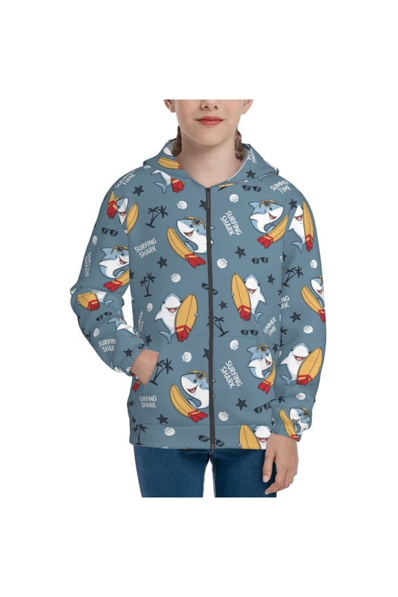 Surf Shark Teenage Zipper Hoodie, Long Sleeve Zip Up Hoodies Casual Jackets Tops for 7-12 Years-Medium