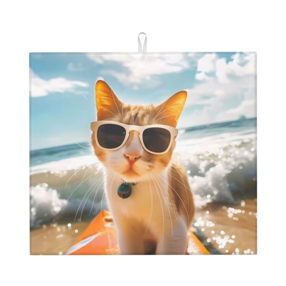 Naloa Surfing Cat Sun Dish Drying Mat for Kitchen Counter, Heat Resistant Drainer Mats, Absorbent Draining Mat,Dish Rack Pad,16"x18"
