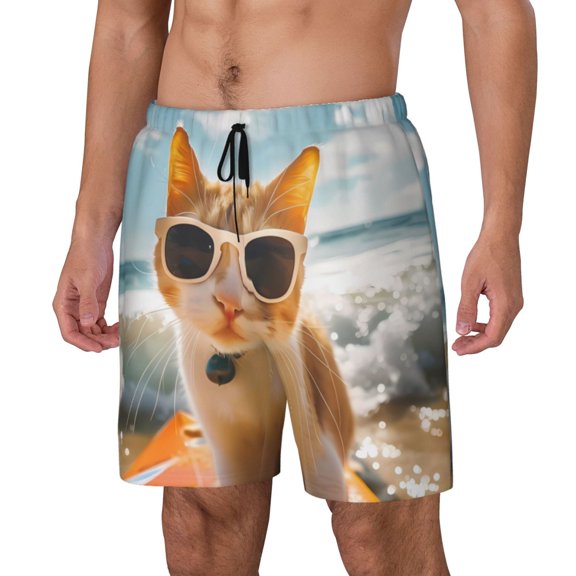 Naloa Surfing Cat Sun Print Men Swim Trunks with Compression Liner ,Board Shorts,Men's Swim Shorts with Drawstring and Elastic Waistband-Medium