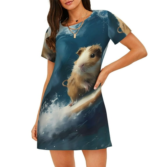 Naloa Surfing Guinea Pig Print Women Nightgowns,Womens Loungewear,Short Sleeve Sleepwear,Comfy Ladies Nightdress