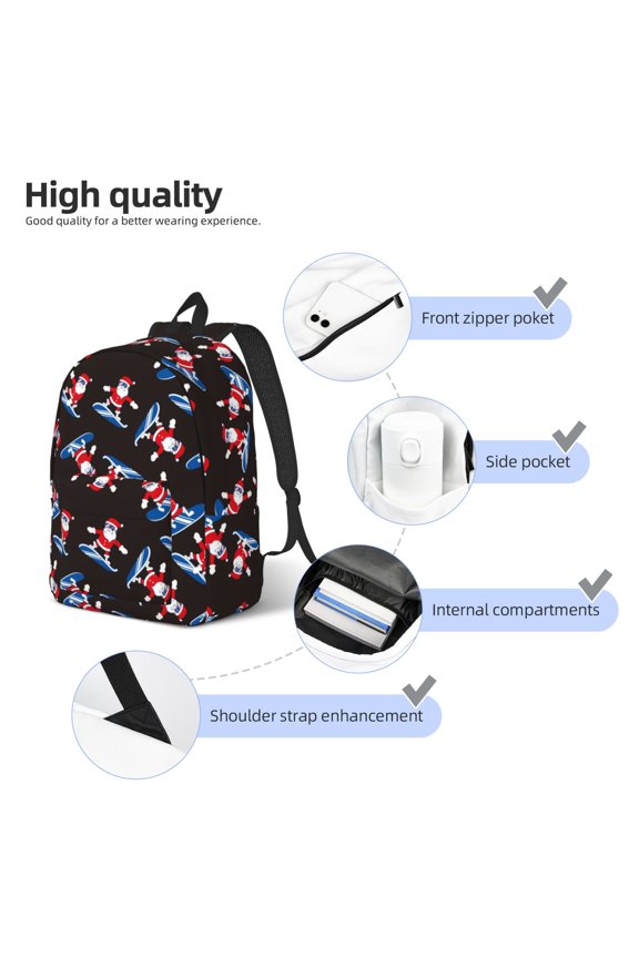 Surfing Santa Print Durable Canvas College Rucksack,Laptop Excursion Backpack,Travel Notebook School Backpack,Bookbag For Men Women