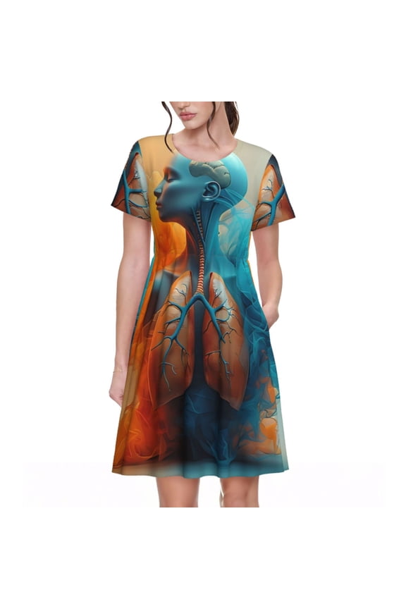 Surreal Body Art Print Womens Summer A-Line Dress with Pockets,Short Sleeve Dresses,Flowy Beach Swing Dress for Vacation Travel