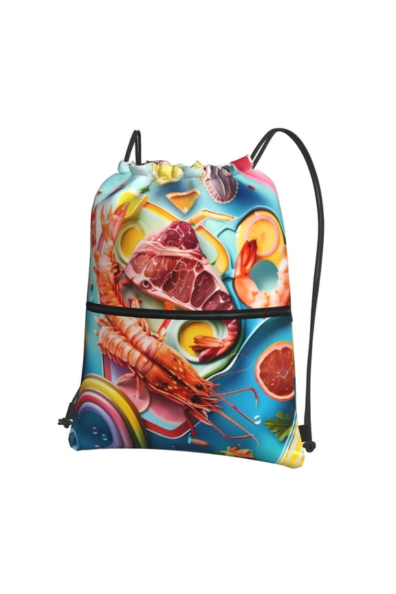 Surreal Seafood Extravaganza Drawstring Backpack String Bag Cinch Water Resistant for Gym Shopping Sport Yoga