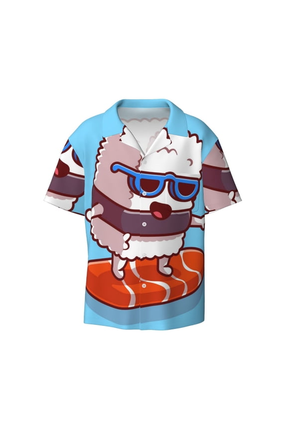 Sushi Salmon Surfing Men's Loose Fit Cuban Collar Short-Sleeve Shirt with Button-down and Chest Pocket for Everyday Wear Outings - Small