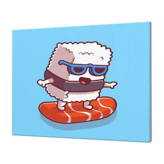 Naloa Sushi Salmon Surfing Print Canvas Picture,Wall Pictures, Modern Decorative Poster,Art Prints for Bedroom, Toilet, 40 x 30 cm, Built-in Wooden Frame