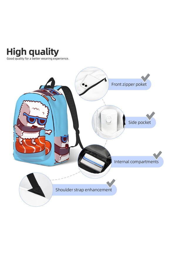 Sushi Salmon Surfing Print Durable Canvas College Rucksack,Laptop Excursion Backpack,Travel Notebook School Backpack,Bookbag For Men Women