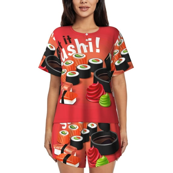 Naloa Sushi Women's Short-Sleeved Pajama Set, Loungewear, Summer pajamas, Breathable Cozy - Large