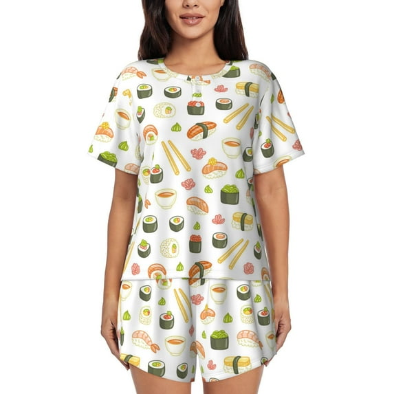 Naloa Sushi and Rolls Women's Short-Sleeved Pajama Set, Loungewear, Summer pajamas, Breathable Cozy - Medium