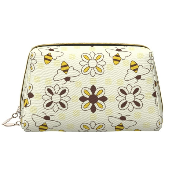 Naloa Sweet Bee Leather Makeup Bag for Purse Travel, Portable Small Cosmetic Organizer for Women and Girls, Make up Bag with Zipper