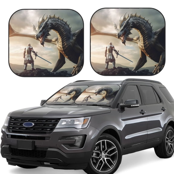 Naloa Swordsman Cool Dragon Print 2-Piece Windshield Sunshade,Foldable Car Front Window Sun Shades,for Most Sedans SUV Truck-Large
