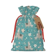 Naloa Teal Mama Llama Drawstring Christmas Bags, 3D Xmas Gift Bags, Christmas Wrapping Bags, Xmas Goodie Bags, Treat Pouch Bags, Party Favor Bags-Medium