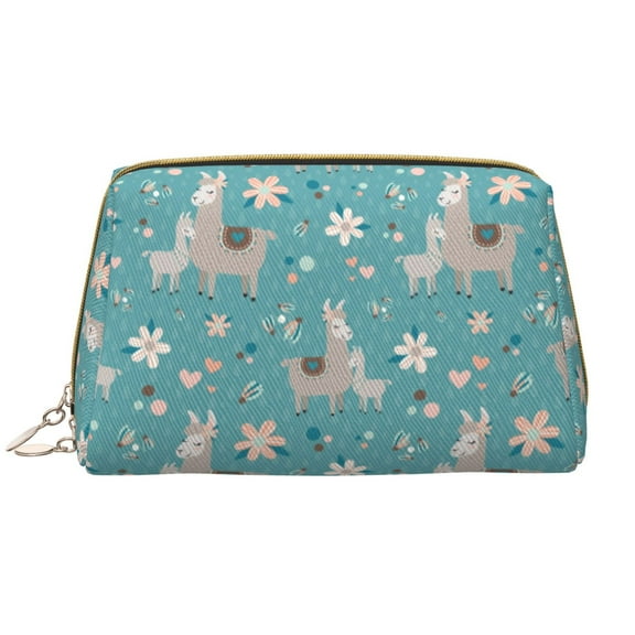 Naloa Teal Mama Llama Leather Makeup Bag for Purse Travel, Portable Small Cosmetic Organizer for Women and Girls, Make up Bag with Zipper