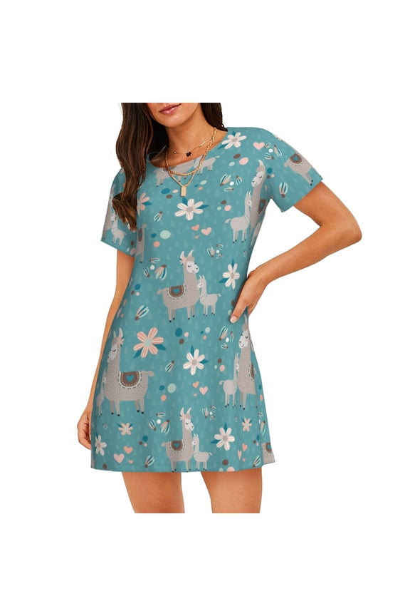 Teal Mama Llama Print Women Nightgowns,Womens Loungewear,Short Sleeve Sleepwear,Comfy Ladies Nightdress