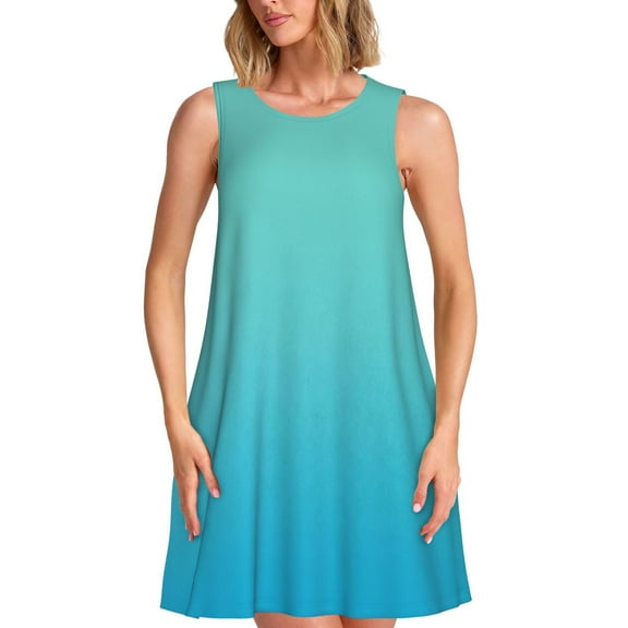 Naloa Teal Turquoise Print Women's Summer Spring Casual Beach Sundress,Vacation Sleeveless Tank Crewneck Loose Dresses