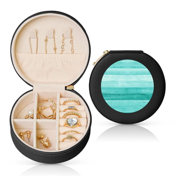 Naloa Teal Turquoise Round Jewelry Box, Travel Jewelry Organizer, 3.9 x 3.9 x 2in Jewelry Storage Box for Women-Black