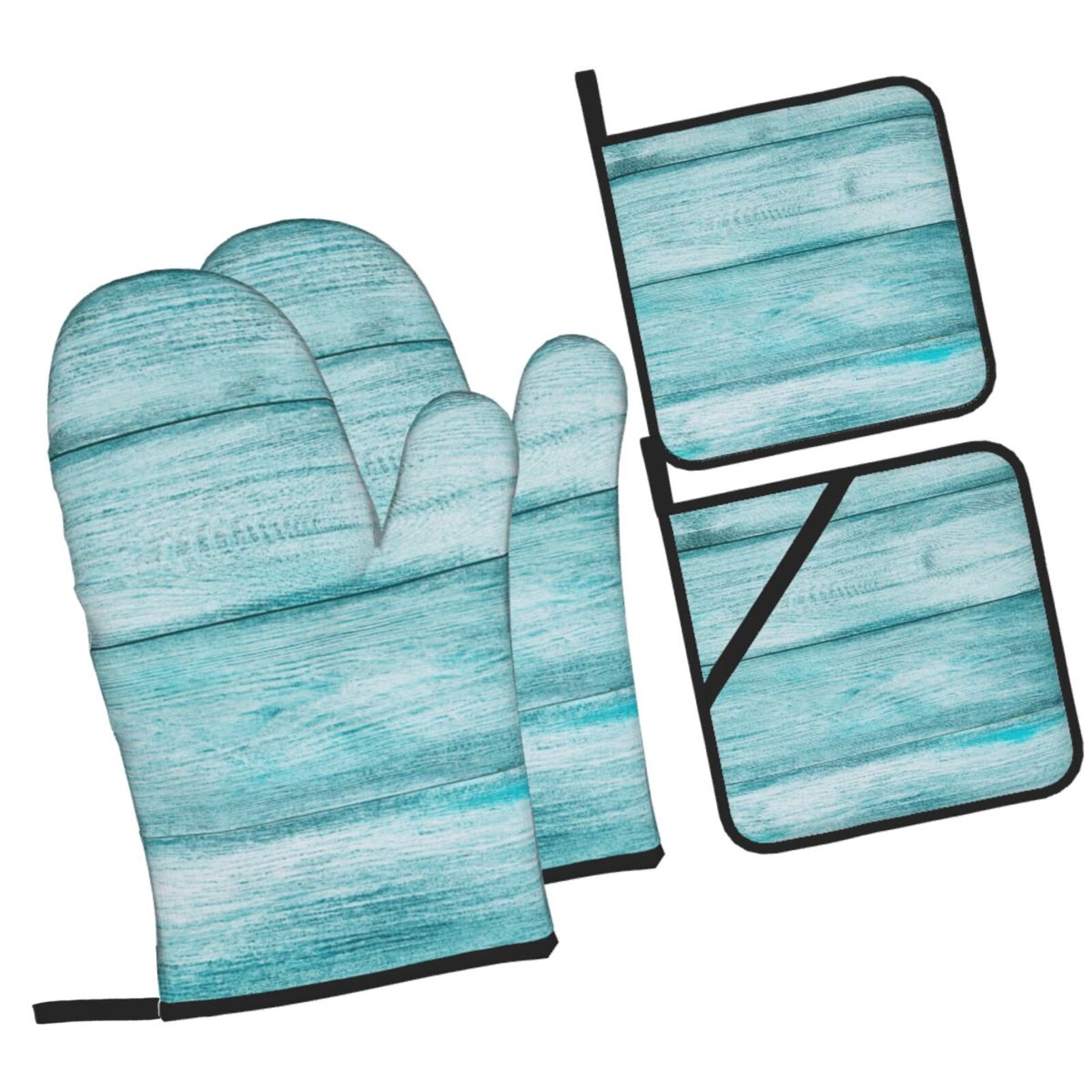 Naloa Teal Turquoise Wood Oven Mitts and Pot Holders 4 pcs Set, Cooking Baking Grilling Kitchen Oven Glove for Cooking