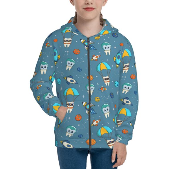 Naloa Teeth Cosmonaut Teenage Zipper Hoodie, Long Sleeve Zip Up Hoodies Casual Jackets Tops for 7-12 Years-Medium