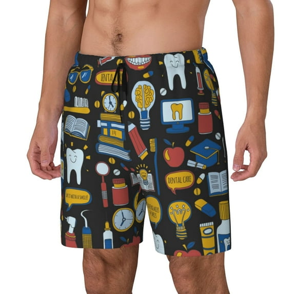 Naloa Teeth Print Men Swim Trunks with Compression Liner ,Board Shorts,Men's Swim Shorts with Drawstring and Elastic Waistband-Medium