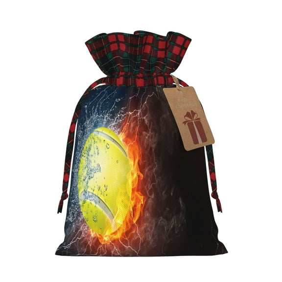 Naloa Tennis Ball On Fire And Water Christmas Gift Bags Christmas Drawstring Gift Bags Christmas Trees Decorations Indoor Holiday Party Christmas Treat Bags-Black